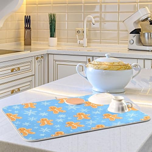 Snowflake Gingerbread Cookie Blue Dish Drying Mat for Kitchen Counter Absorbent Microfiber Drying Pad
