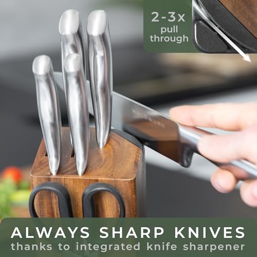 Knife Set 7pcs Kitchen Knife Set with Block and Integrated Sharpener (7 Count)