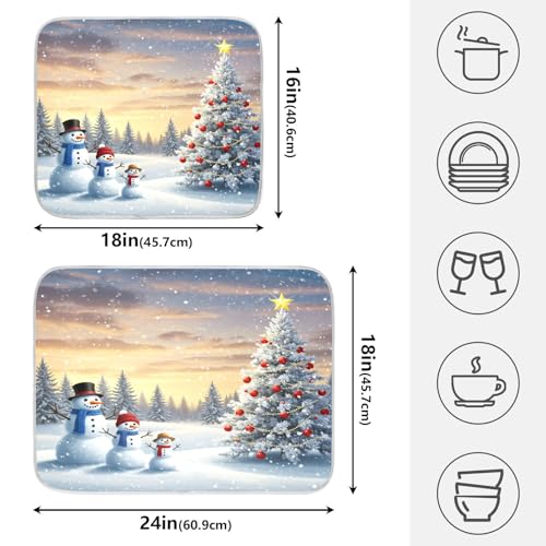 Christmas Tree and Snowman Dish Drying Mat for Kitchen Counter Absorbent Microfiber Large Winter Snowflakes Drying Pad Dish Mats for Kitchen Countertops 18 x 24 Inch