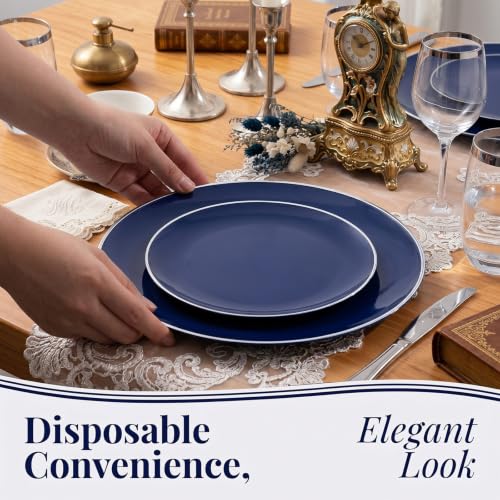 175Pcs Blue Plastic Plates with Silver Rim & Disposable Silverware with Blue Handle & Silver