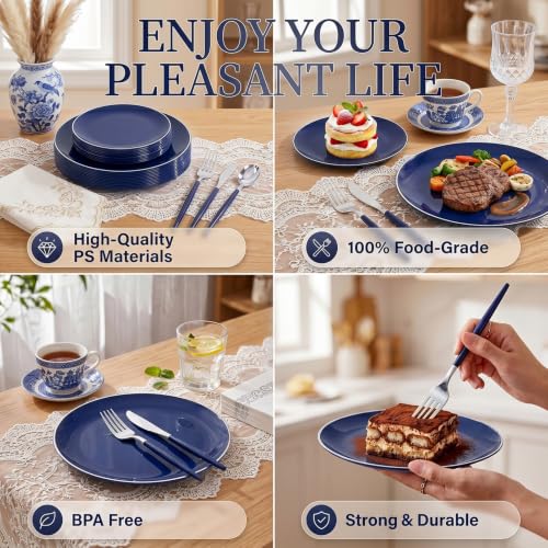 175Pcs Blue Plastic Plates with Silver Rim & Disposable Silverware with Blue Handle & Silver