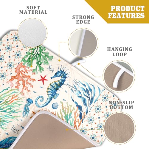Nautical Coastal Dish Drying Mat Sea Turtle Seahorse Dish Drainer Pad 16"x18" Microfiber Reversible Fast Dry Pad for Kitchen Counter Decor