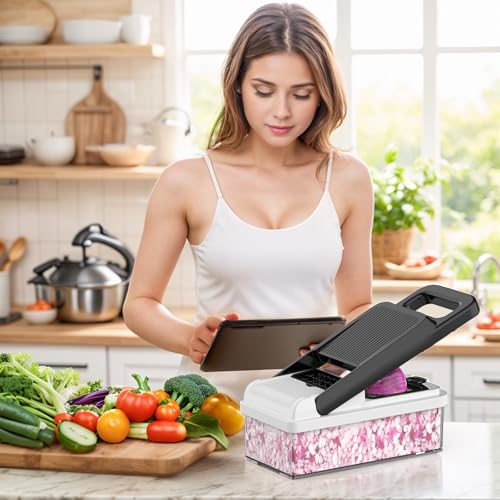 12-in-1 Vegetable Chopper 7 Blades, Veggie Cutter with Handle, Black/White