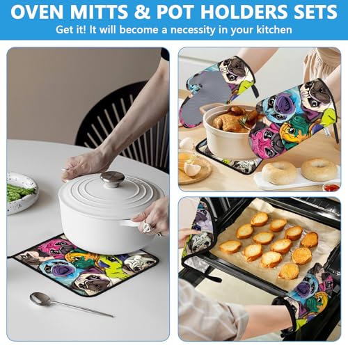 Colorful Pug Dog Face Oven Mitts and Pot Holders Sets Heat Resistant 4Pcs Potholders Oven Gloves Hot Pads for Kitchen Baking Cooking Grilling BBQ (4 Count)