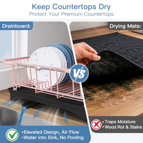 Pink Dish Drying Rack in Sink with Drainboard and Utensil Holder
