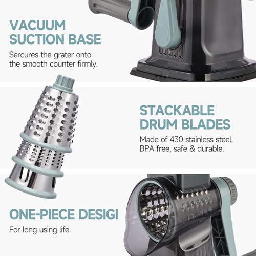 Rotary Cheese Grater with Handle Kitchen Shredder Slicer Grater Slicer Ice Shaver Cheese Vegetable Nuts Potato Zucchini Chocolate 3 Interchangeable Blades