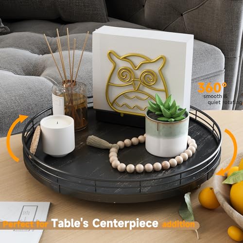 12 Inch Oak Lazy Susan Vanity Tray with Black Brush Gold Metal Rail