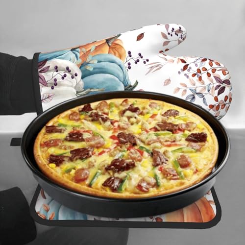 Fall Orange Pumpkin Oven Mitt Potholders Sets Eucalyptus Leaves Heat Resistant Oven Glove Set of 2 Kitchen Hot Pads for Cooking Baking BBQ