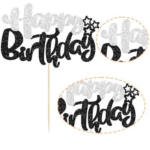 1Pcs Happy Birthday Cake Topper Glitter Cake Pick for Celebrating Anniversary Theme Party Cake Decorations Supplies Black and Silver