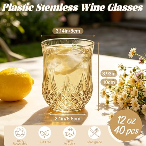 40 Pack Plastic Stemless Wine Glasses (40 Count)