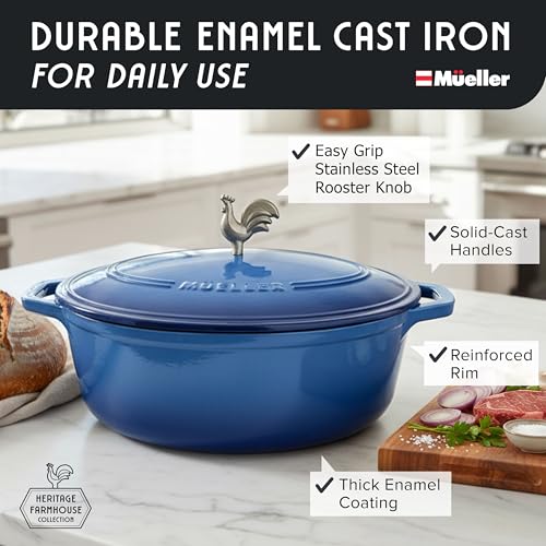 MUELLER HOME 5.5 Quart Enameled Cast Iron Oval Dutch Oven w Rooster Knob & Cotton Potholders