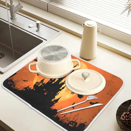 Halloween Witch Bat Castle Pumpkin Dish Drying Mat for Kitchen Counter Absorbent Microfiber Small Drying Pad Dish Mats for Kitchen Countertops 16 x 18 Inch