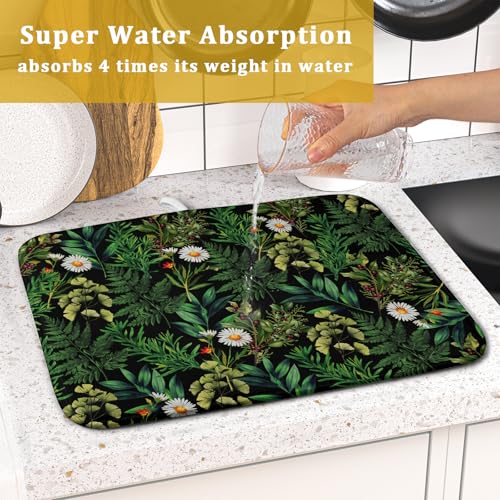Green Botanical Dish Drying Mat 16x18 Inch Plant Leaf Fast Dry Dish Drainer Rack Mats Absorbent Microfiber Protector for Countertops Sinks