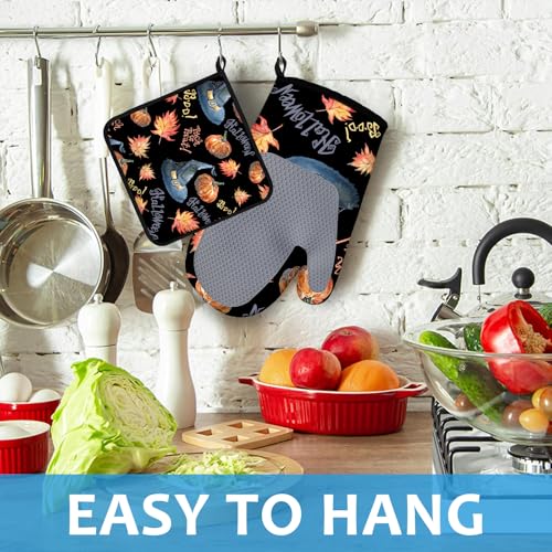 Halloween Pumpkin Autumn Maple Leave Oven Mitts and Pot Holders Sets Heat Resistant 4Pcs Potholders Oven Gloves Hot Pads for Kitchen Baking Cooking Grilling BBQ (4 Count)