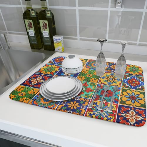 Mexican Tiles Dish Drying Mat for Kitchen Counter Absorbent Microfiber Dish Drying Pad Kitchen Gadgets Multi
