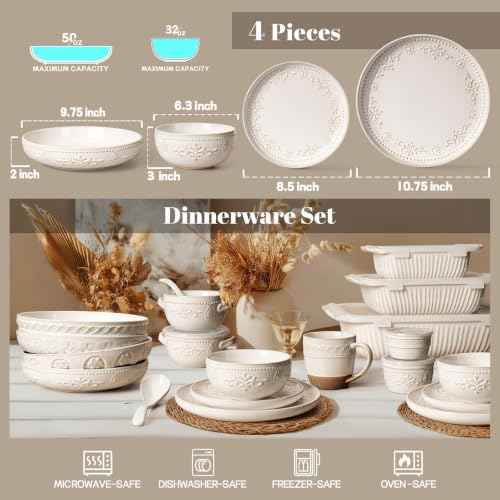 4 Piece Handcrafted Ceramic Dinnerware Set with Pasta Bowls