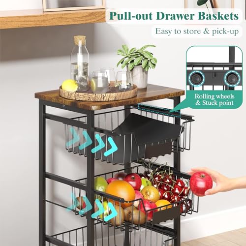 4 Tier Vegetable Fruit Basket Kitchen Storage Rolling Cart on Wheels with Pull
