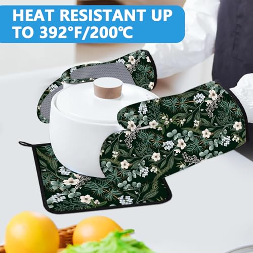 Botanical Print FloralOven Mitts and Pot Holders Sets Heat Resistant 4Pcs Potholders Oven Gloves Hot Pads for Kitchen Baking Cooking Grilling BBQ (4 Count)