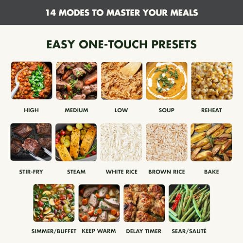 Elite 14-in-1 Nonstick 6QT Electric Slow Cooker, PFAS-Free Ceramic Multi-Cooker, In-Pot Browning, Dishwasher Safe Lid & Removable Crock, Stainless Steel Steamer, Silicone Handles, Graphite