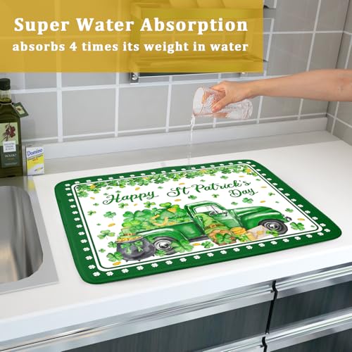 Shamrock Gnome Truck Dish Drying Mat Lucky Clover Dish Drainer Mat 18x24 inch Absorbent Fast Dry Pad for Kitchen Counter Coffee Bar Decor