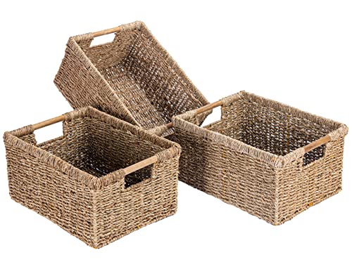 Large Wicker Basket Rectangular with Wooden Handles for Shelves (3 Count)