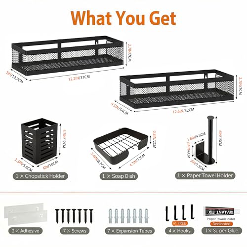 5-in-1 Wide Wall Mount Wrapped Mesh Kitchen Organizer & Shower Caddy Kit, with Paper Towel Holder, Utensil Holder, Soap Dish, Heavy Duty 50LBS - Matte Black, Netting