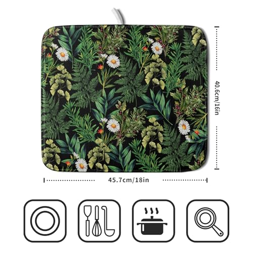 Green Botanical Dish Drying Mat 16x18 Inch Plant Leaf Fast Dry Dish Drainer Rack Mats Absorbent Microfiber Protector for Countertops Sinks