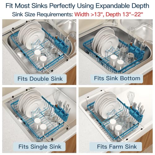 Blue Expandable Dish Drying Rack Over Sink with Extra Drying Mat