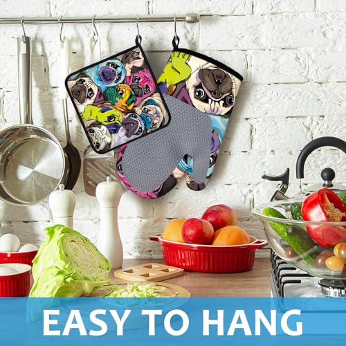 Colorful Pug Dog Face Oven Mitts and Pot Holders Sets Heat Resistant 4Pcs Potholders Oven Gloves Hot Pads for Kitchen Baking Cooking Grilling BBQ (4 Count)