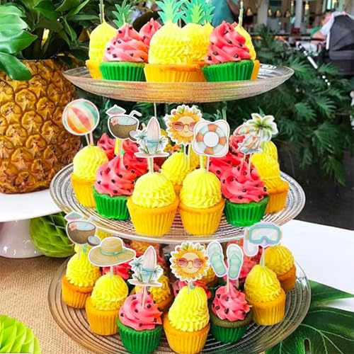 36Pcs Summer Beach Pool Cupcake Toppers Ball Sun Umbrella Diving Goggles Watermelon Water Gun Slippers Cupcake Picks Baby Shower Hawaii Theme Birthday Party Cake Decorations Supplies Multi (36 Count)