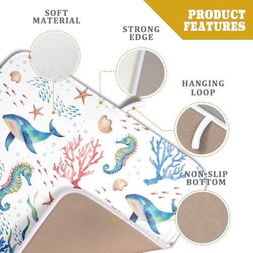 Coastal Ocean Dish Drying Mat Seahorse Whales Drainer Rack Mats 16"x18" Absorbent Microfiber Dish Drying Pad Protector for Kitchen Counter