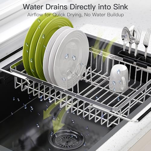 Expandable Dish Drying Rack Over the Sink with Utensil Holder