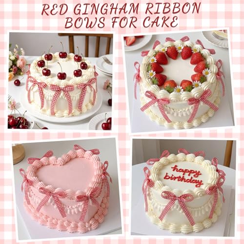 30 Pack Gingham Ribbon Bows for Cake Red Gingham Bow Cake Toppers (30 Count)
