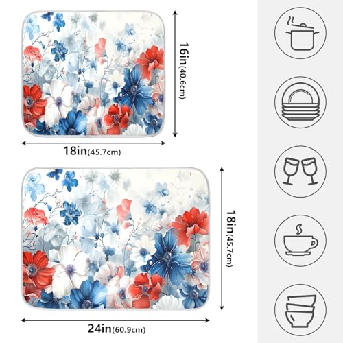 4th of July Patriotic Blue Red White Flowers Dish Drying Mat for Kitchen Ccounter Absorbent Microfiber Small Independence Day Drying Pad Dish Mats for Kitchen Countertops 16 x 18 Inch
