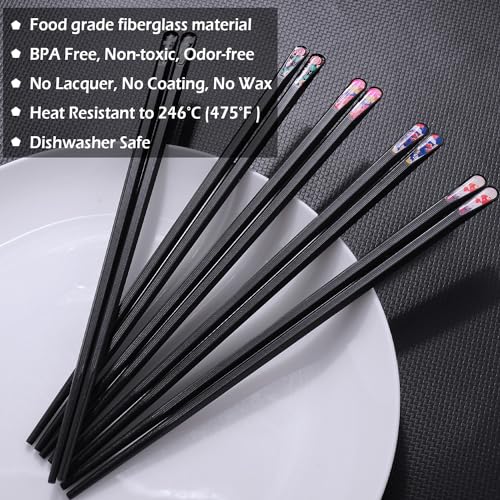 5 Pairs Premium Chopsticks Reusable Dishwasher Safe 9.5 Inch Fiberglass Chop Sticks Gift Set Hexagon Black Non Slip with the Printed Tops (5 Count)