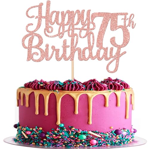 1 PCS Happy 75th Birthday Cake Topper Glitter Cheers to 75 Years Birthday Cake Pick 75 Fabulous Cake Decoration for Happy 75th Birthday Theme Party Decorations Supplies Rose Gold