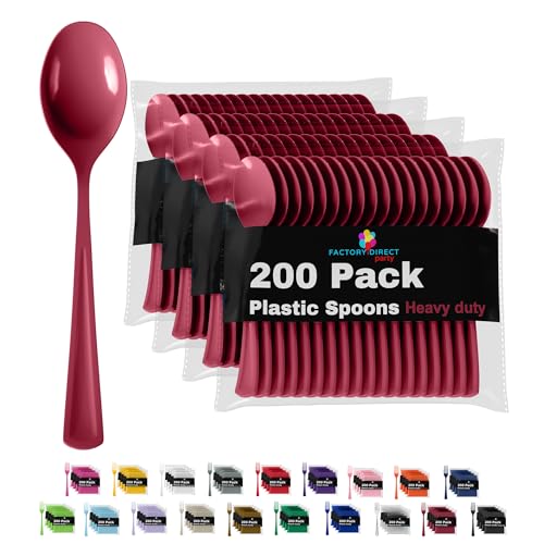 Party Solids Burgundy Plastic Spoons 200 Pcs Burgundy Spoons Disposable Utensils Heavy Duty Plastic Cutlery Set Disposable Cutlery Sets Flatware Sets Silverware Set Party Supplies & Party Tableware (200 Count)