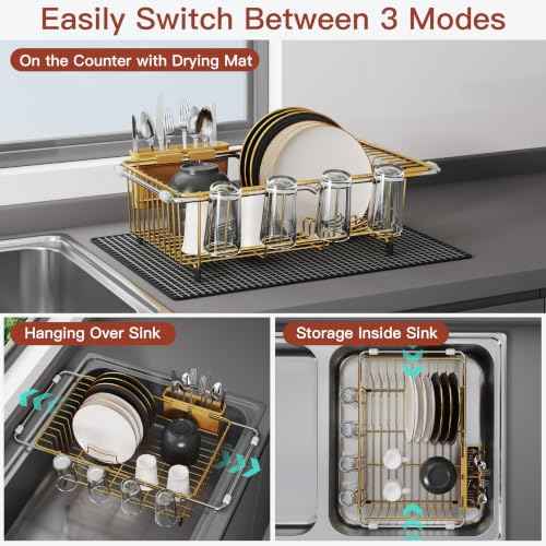 Gold Dish Drying Rack in Sink with Mat