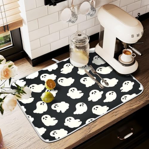 Halloween Cute Ghost Dish Drying Mat for Kitchen Counter Absorbent Microfiber Small Drying Pad Dish mats for Kitchen Countertops 16 x 18 Inch