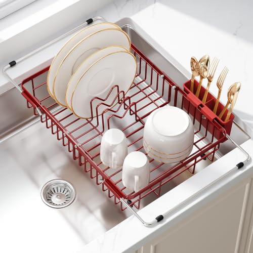Red Dish Drying Rack Over the Sink with Utensil Holder