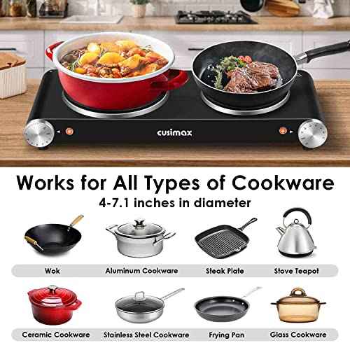 Hot Plate for Cooking 1800W Portable Electric Double Burner Countertop Cooktop Cast Iron Stove Heating Plate with 7 Power Levels Adjustable Temp Control