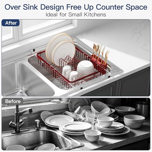 Red Dish Drying Rack Over the Sink with Utensil Holder