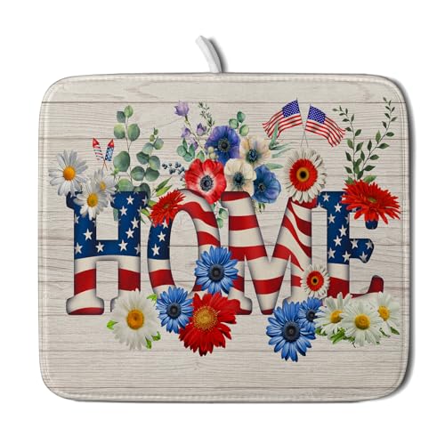 American Flag Dish Drying Mat Home Flowers Absorbent Dishes Pad for Kitchen Counter 16 X 18 In