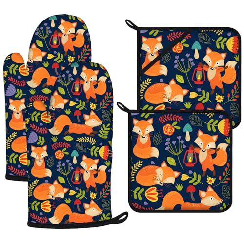 Cute Fox Oven Mitts and Pot Holders Sets 4Pcs