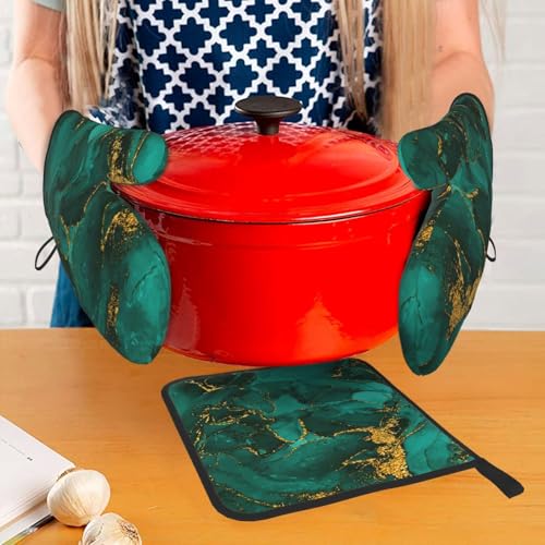 Turquoise Marble Oven Mitts and Pot Holders Sets of 3 Kitchen Decor (3 Count)