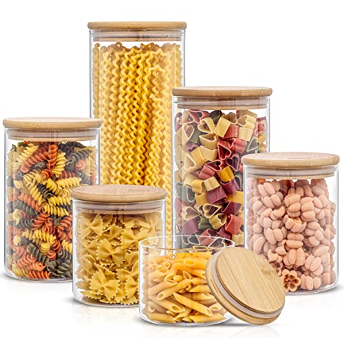 Borosilicate Glass Jars With Bamboo Lids. 6 Pc Set of Air Tight Sealable Containers. Food Jar Canisters with Airtight Lid for Pantry Storage and Kitchen Organization. (6 Count)