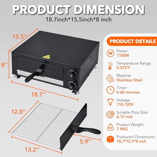Commercial Electric Pizza Oven 12 in 1100W Sealed Stainless Steel Countertop Pizza Maker with Timer for Restaurant