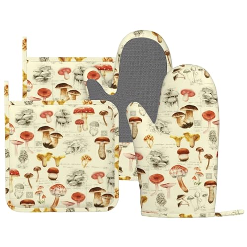 Mushroom Oven Mitts and Pot Holders Sets Silicone Vintage Mushrooms Kitchen Mitts Potholders Heat Resistant 4Pcs Oven Gloves Hot Pads for Kitchen Baking Cooking BBQ Grilling (4 Count)