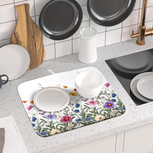 Flower Herbs Dish Drying Mat Botanical Plant Dishes Drainer Mat 16x18 inch Reversible Microfiber Drying Dish Pad for Kitchen Counter Decor