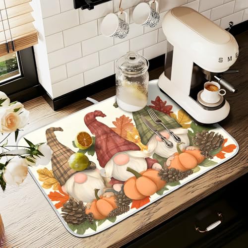Fall Pumpkin Gnomes Maple Leaves Autumn3 Dish Drying Mat for Kitchen Counter Absorbent Microfiber Large Drying Pad Dish mats for Kitchen Countertops 18 x 24 Inch